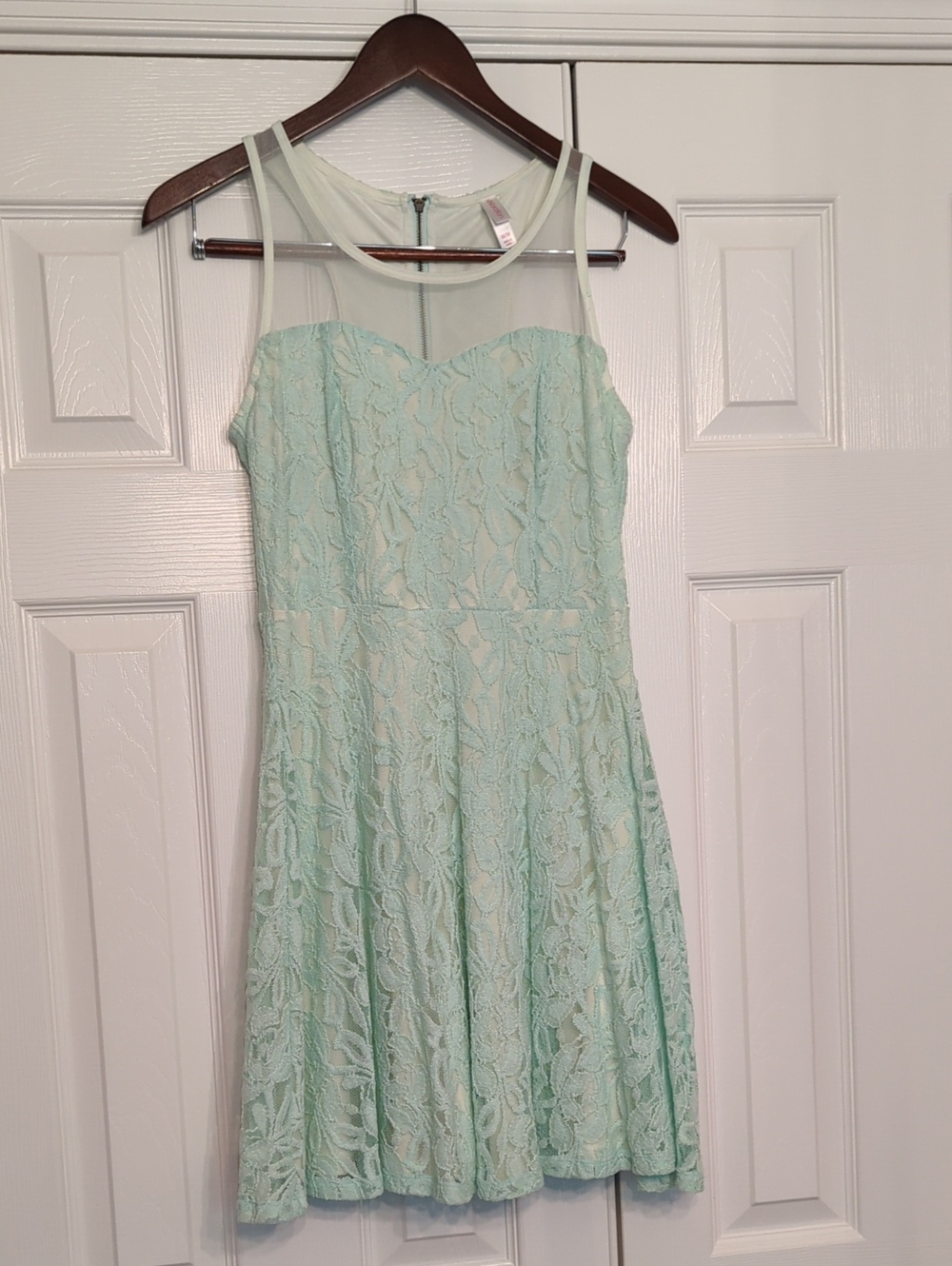 Mint Green Lace Overlay Fit & Flare Dress Sheer Mesh Neckline Feminine Whimsical